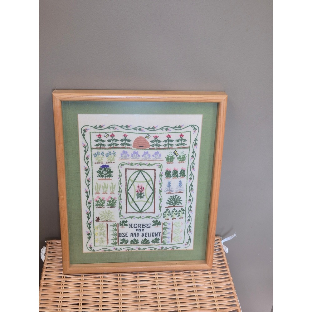 Vintage Framed Embroidery Sampler Herb Garden Botanical Cottagecore Wall Art